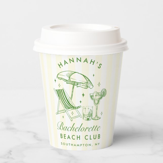 Bachelorette Retro Cocktail Green & Yellow Stripes Paper Cups (Front)