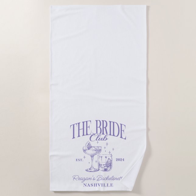 Bachelorette Retro Cocktail Purple Bride Beach Towel (Front)