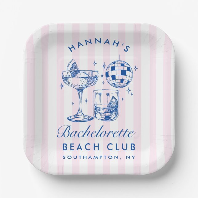 Bachelorette Retro Disco Cocktail Blue & Pink Paper Plates (Front)