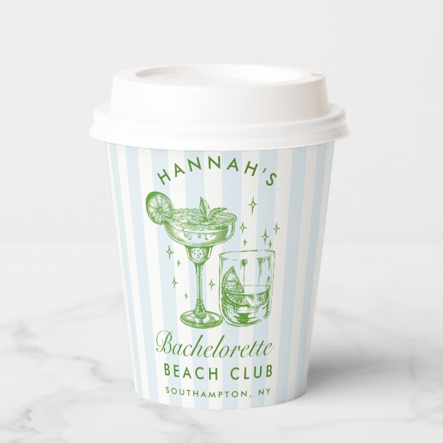 Bachelorette Retro Modern Blue & Green Stripes Paper Cups (Front)