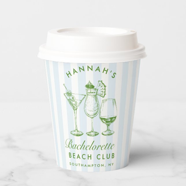 Bachelorette Retro Modern Blue & Green Stripes Paper Cups (Front)