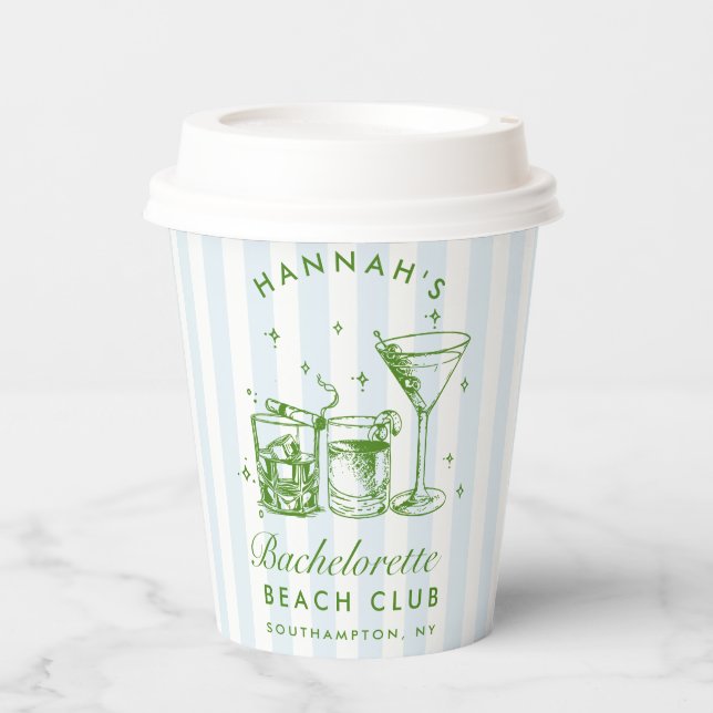 Bachelorette Retro Modern Blue & Green Stripes Paper Cups (Front)