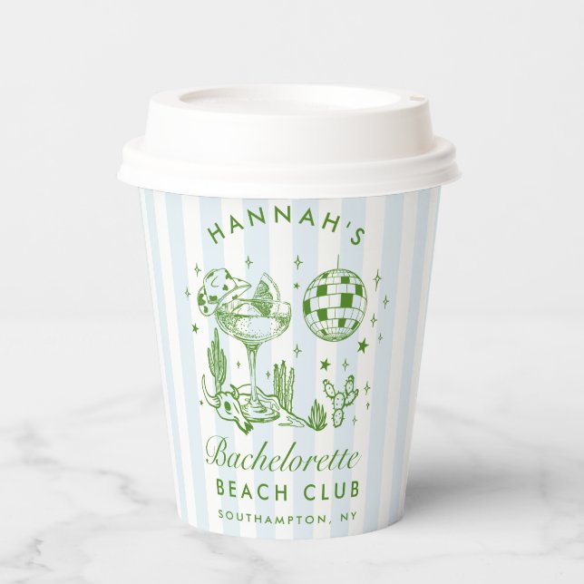 Bachelorette Retro Modern Blue & Green Stripes Paper Cups (Front)