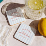 Bachelorette Retro Modern Red & Blue Beverage Coaster<br><div class="desc">Bring coastal flair to every cocktail with these personalized striped bachelorette party coasters. The light blue and white background paired with coral red typography adds a playful preppy touch — perfect for poolside drinks, brunch setups, or beach house gatherings. Customize with the bride’s name, location, or date to match your...</div>