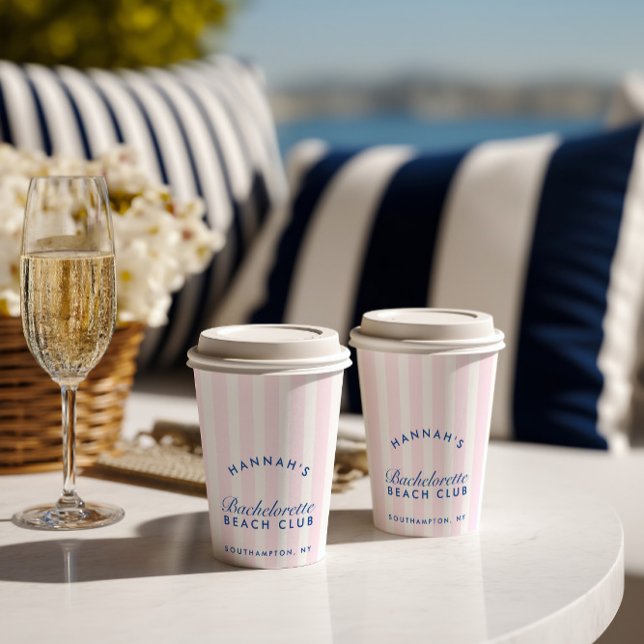Bachelorette Retro Navy & Pink Stripes  Paper Cups (Bachelorette Retro Navy & Pink Stripes Paper Cups)