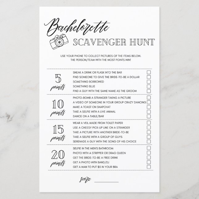 Bachelorette Scavenger Hunt bridal shower game (Front)