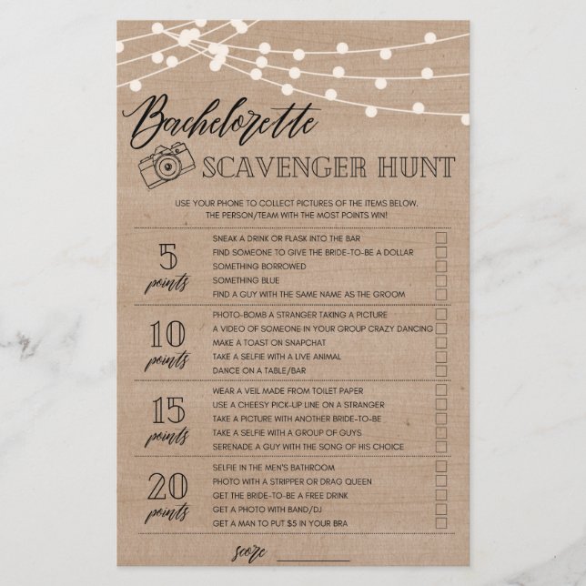 Bachelorette Scavenger Hunt bridal shower game Fly Flyer (Front)