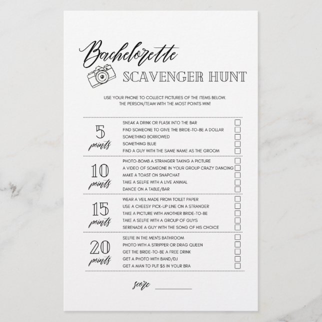 Bachelorette Scavenger Hunt bridal shower game Flyer (Front)