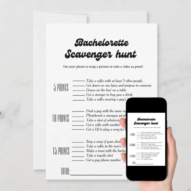 Bachelorette scavenger hunt game, fun bachelorette invitation | Zazzle
