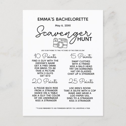 Bachelorette scavenger hunt game hen party announcement postcard