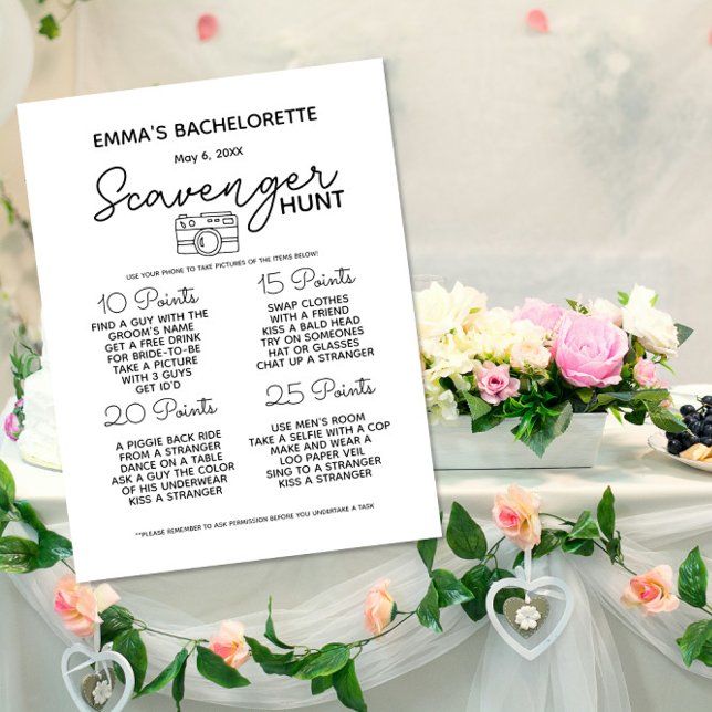 Bachelorette scavenger hunt game hen party announcement postcard (Creator Uploaded)