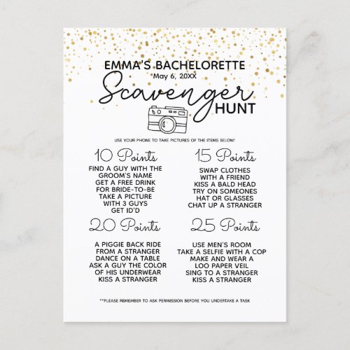 Bachelorette scavenger hunt game hen party announcement postcard