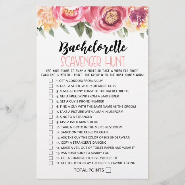 Bachelorette Scavenger Hunt Hen Party game (Front)
