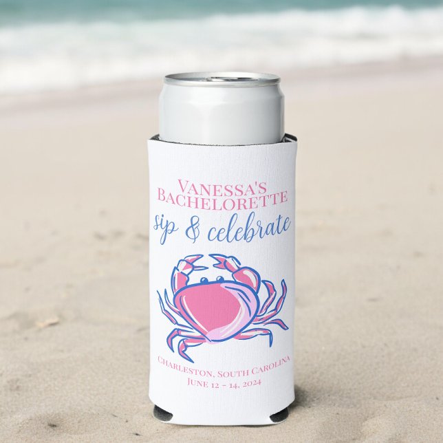 Bachelorette Sip & Celebrate Pink Crab Favor Seltzer Can Cooler (Creator Uploaded)