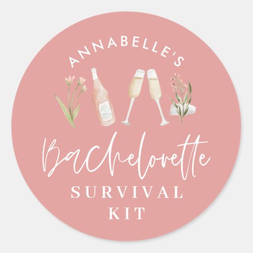 Bachelorette survival kit pink floral champagne classic round sticker