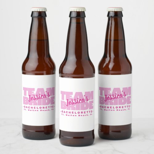 Bachelorette Team Bride Wedding Cool Retro Pink  Beer Bottle Label