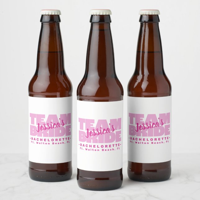 Bachelorette Team Bride Wedding Cool Retro Pink  Beer Bottle Label (Bottles)