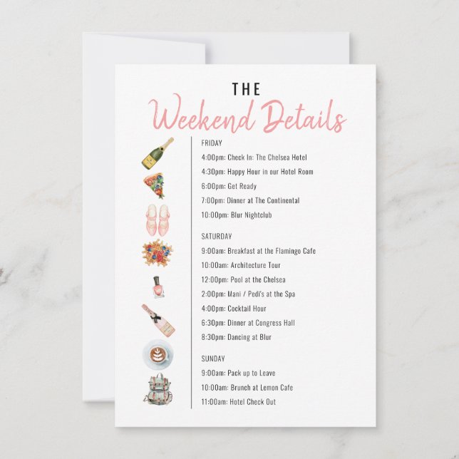 Bachelorette Weekend Icon Itinerary Flamingo Invitation (Back)
