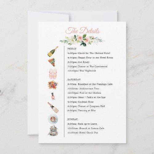 Bachelorette Weekend Icon Itinerary Floral Invitation