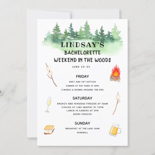 Bachelorette Weekend in the Woods Itinerary Invitation