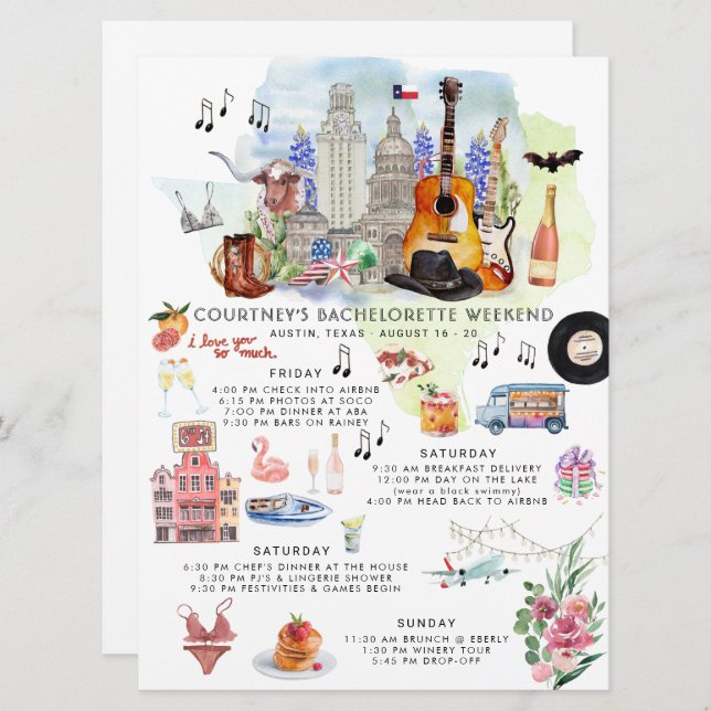 Bachelorette Weekend Itinerary | Austin, Texas  Invitation (Front/Back)