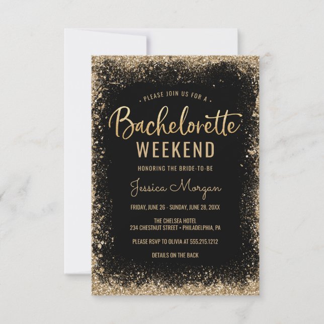 Bachelorette Weekend Itinerary Black Gold Frame Invitation (Front)