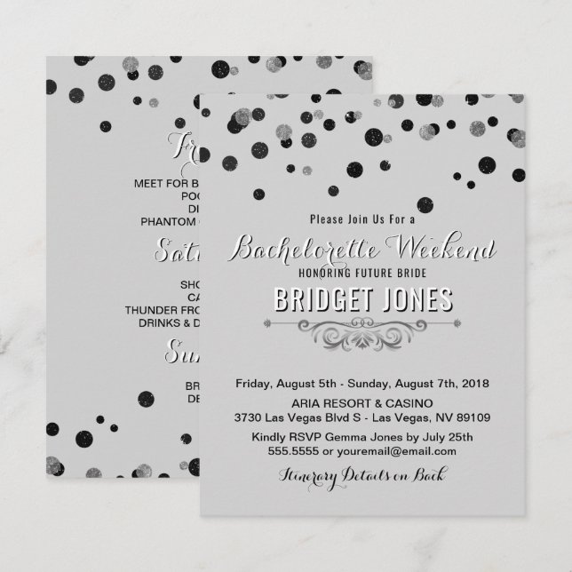 Bachelorette Weekend Itinerary Black Silver Gray Invitation (Front/Back)
