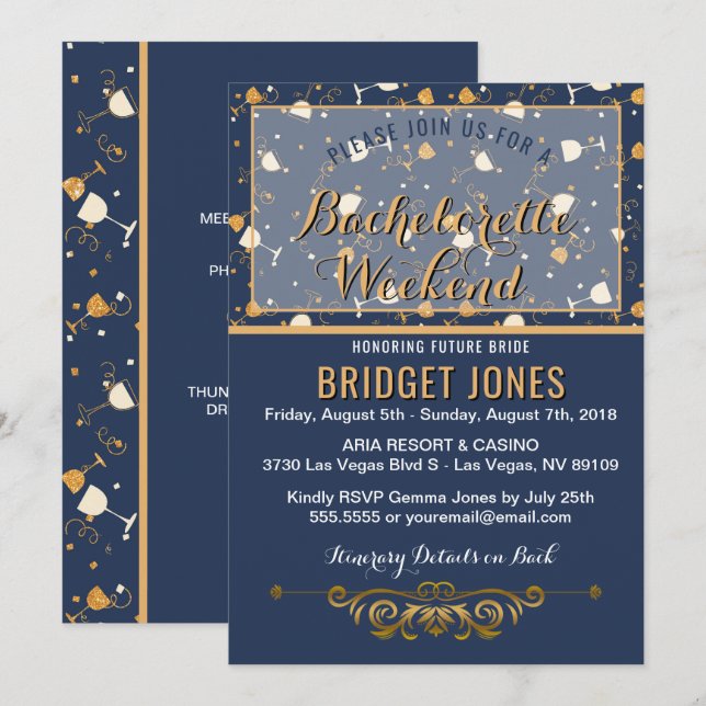 Bachelorette Weekend Itinerary Blue Gold Invitation (Front/Back)