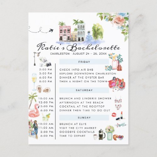 Bachelorette Weekend Itinerary | Charleston, SC Invitation Postcard