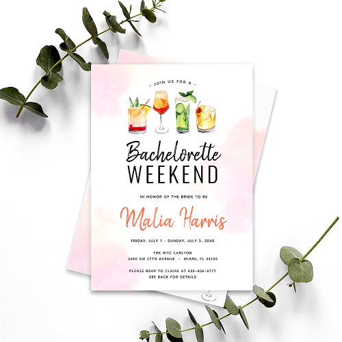 Bachelorette Weekend Itinerary Cocktail Drinks Invitation