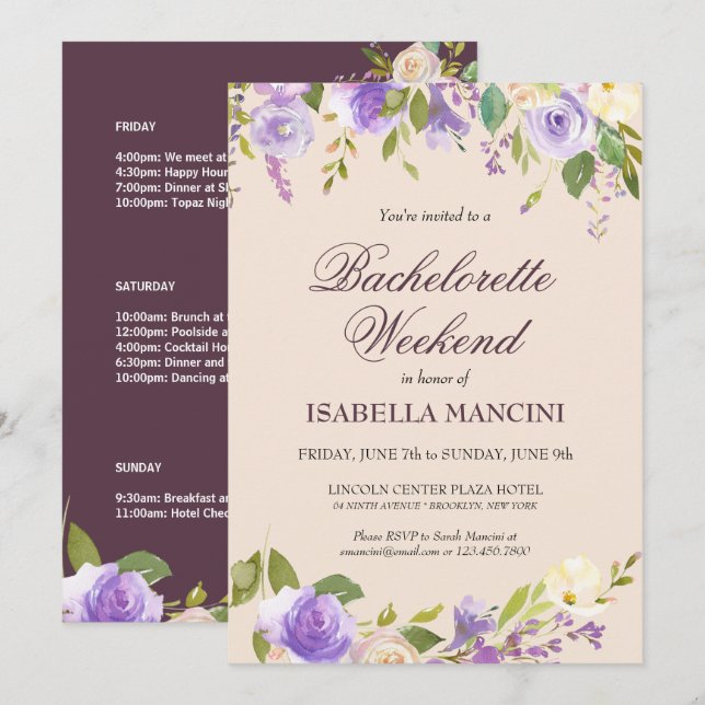 Bachelorette Weekend Itinerary Elegant Floral Invitation (Front/Back)