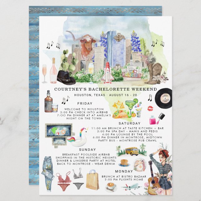 Bachelorette Weekend Itinerary | Houston, Texas Invitation (Front/Back)