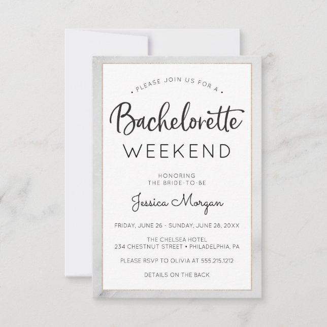 Bachelorette Weekend Itinerary Marble Gold Frame Invitation (Front)