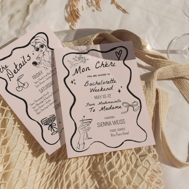 Bachelorette Weekend itinerary Mon Cheri Whimsical Invitation (Bachelorette Weekend itinerary Mon Cheri Whimsical Invitation)