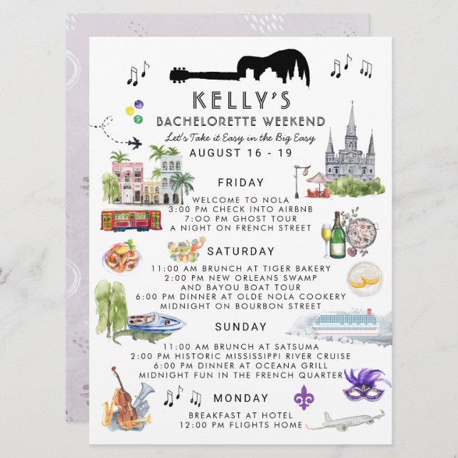 Bachelorette Weekend Itinerary | New Orleans Invitation (Front/Back)