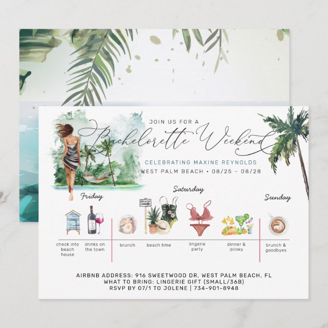 Bachelorette Weekend Itinerary | Palm Beach Invitation (Front/Back)