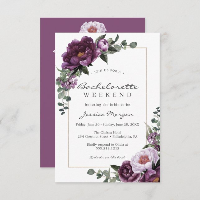 Bachelorette Weekend Itinerary Purple Invitation (Front/Back)