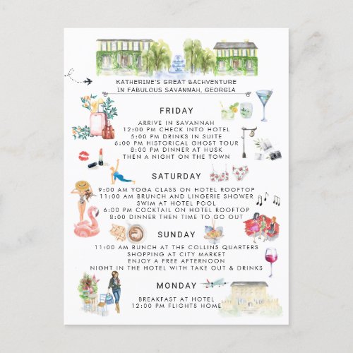 Bachelorette Weekend Itinerary  Savannah Georgia Invitation Postcard