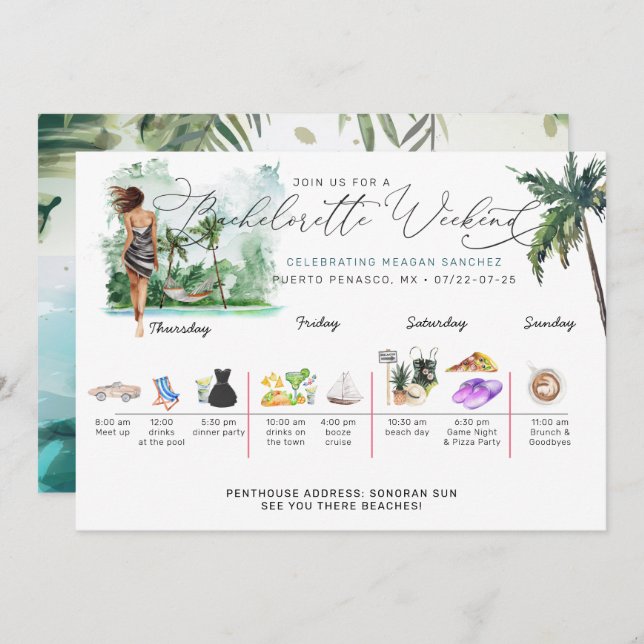 Bachelorette Weekend Itinerary | Tropical Palm Invitation (Front/Back)