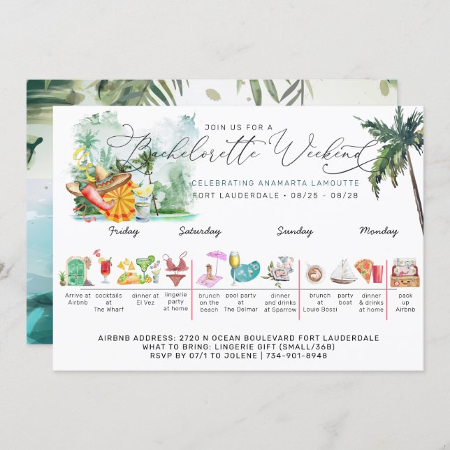 Bachelorette Weekend Itinerary | Tropical Palm Invitation (Front/Back)