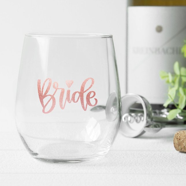 Bachelorette Weekend Party Favor Personalized Stemless Wine Glass (stemless wine glass for wedding that says bride in pretty rose gold glitter script)