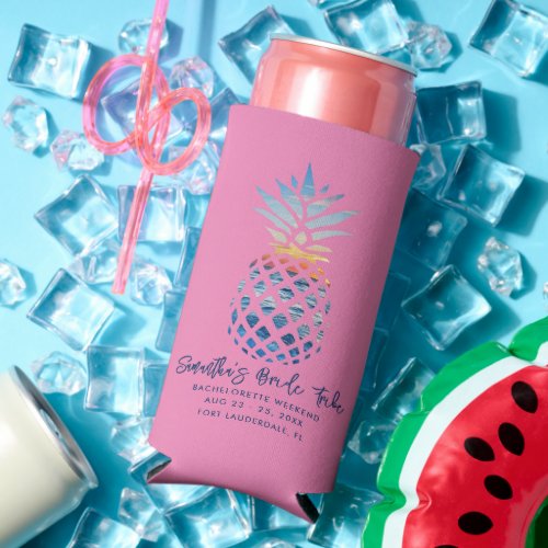 Bachelorette Weekend Party Pink Pineapple Script Seltzer Can Cooler