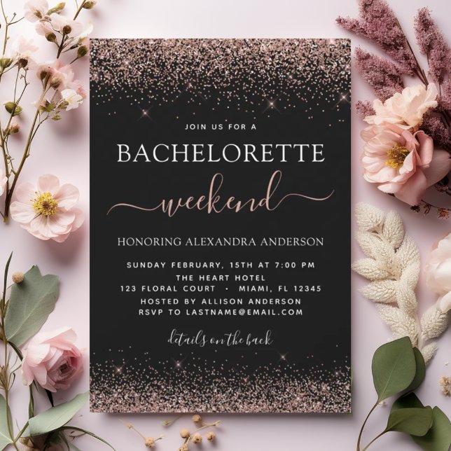 Bachelorette Weekend Pink Rose Gold Glitter Party Invitation (Creator Uploaded)