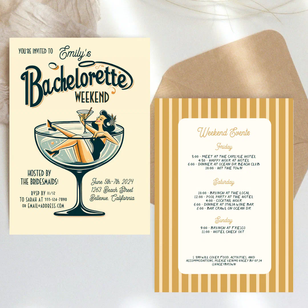 A retro bachelorette weekend invitation featuring an illustrated pin-up woman lounging in a cocktail glass, shown with a striped itinerary card, a kraft envelope, and soft faux fur in the background.