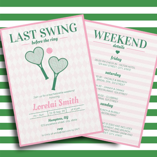 Bachelorette Weekend Tennis Country Club Cute Invitation (Creator Uploaded)