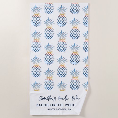 Bachelorette Weekend White Blue Pineapple Beach Towel