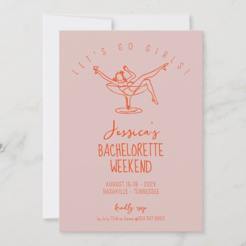 Bachelorette weekend woman in cocktail glass invitation