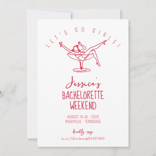 Bachelorette weekend woman in cocktail glass red invitation