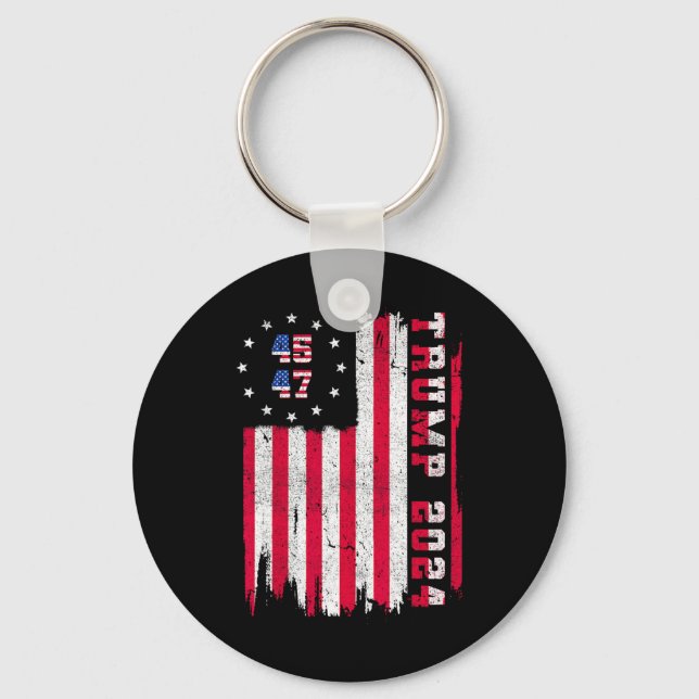 Back) 45 47 Trump 2024 American Flag  Keychain (Front)