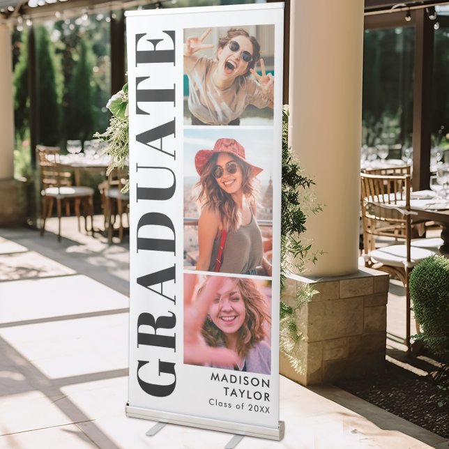 Back and White Modern Graduate 3 Photo Graduation Retractable Banner (Creator Uploaded)